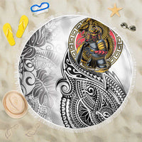 Japanese Samurai Warrior Beach Blanket White Polynesian Tattoo Style