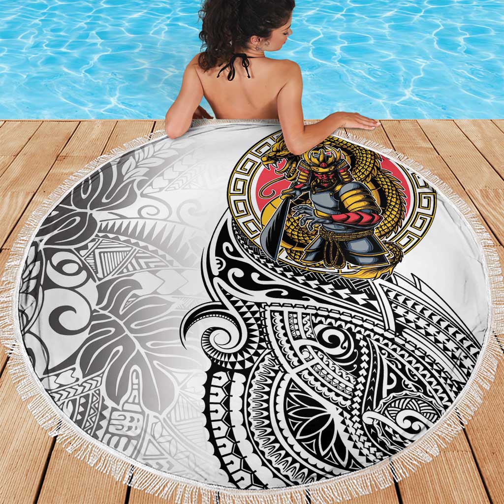 Japanese Samurai Warrior Beach Blanket White Polynesian Tattoo Style
