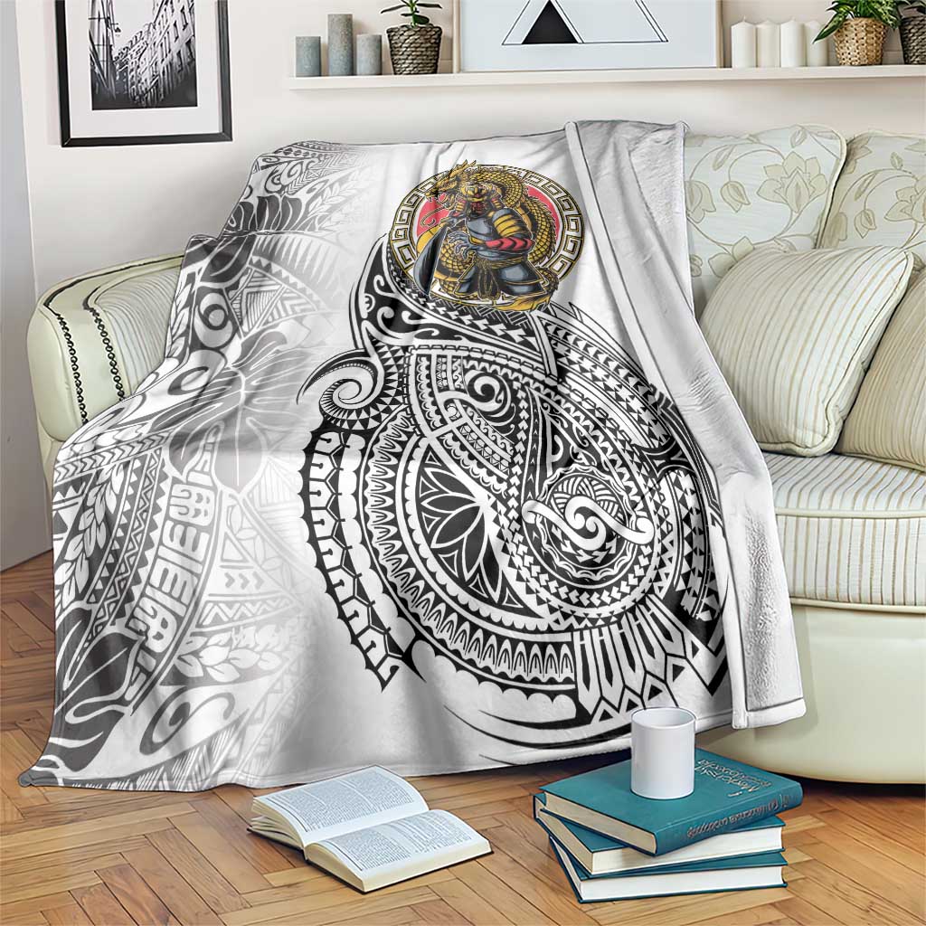 Japanese Samurai Warrior Blanket White Polynesian Tattoo Style