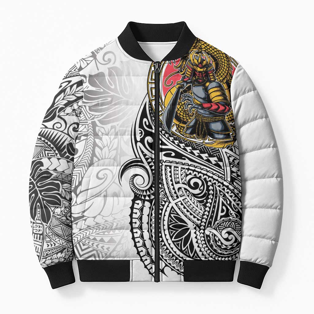 Japanese Samurai Warrior Bomber Puffer Jacket White Polynesian Tattoo Style - Polynesian Pride