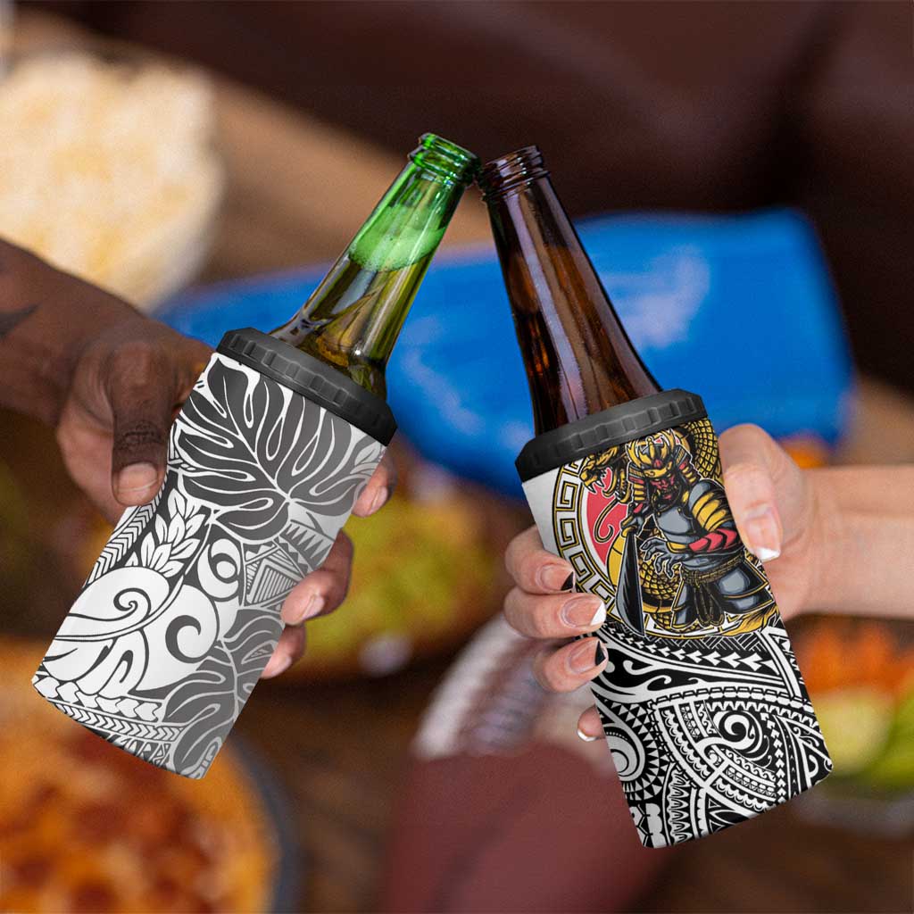 Japanese Samurai Warrior 4 in 1 Can Cooler Tumbler White Polynesian Tattoo Style