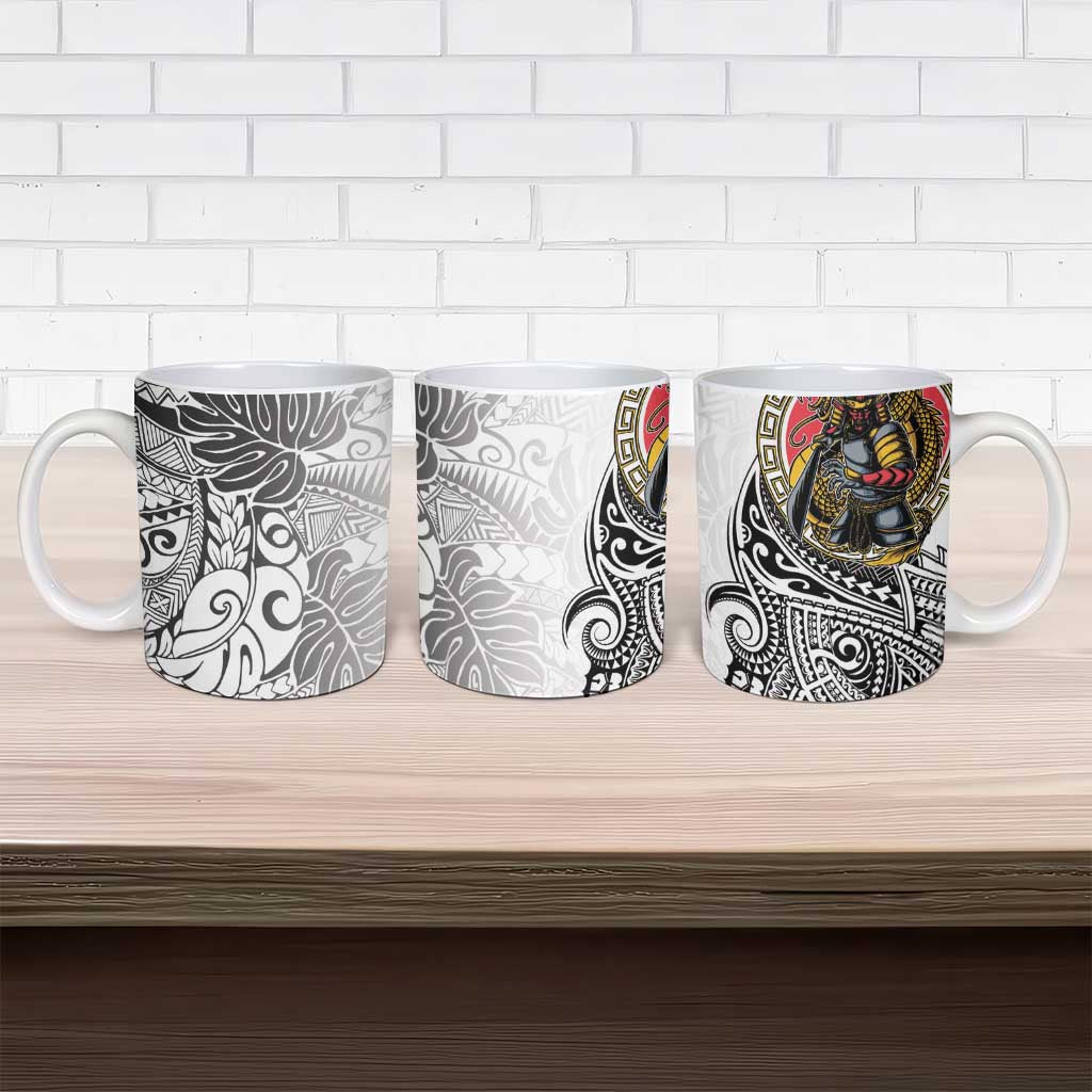 Japanese Samurai Warrior Ceramic Mug White Polynesian Tattoo Style - Polynesian Pride