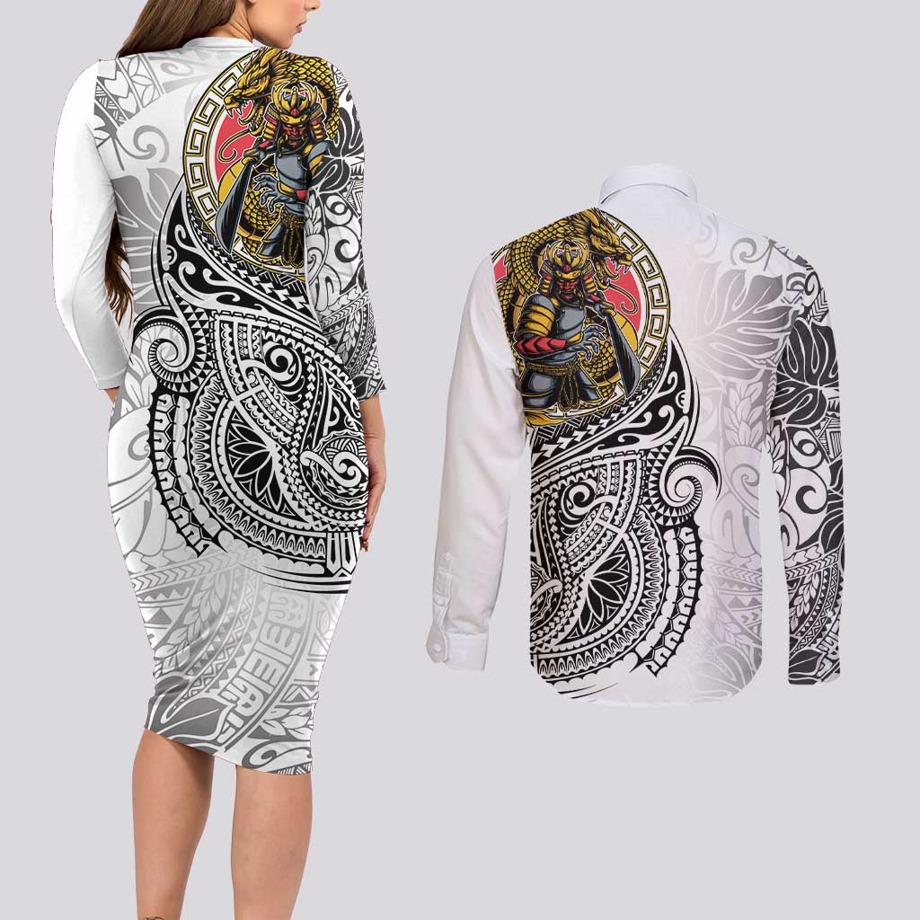 Japanese Samurai Warrior Couples Matching Long Sleeve Bodycon Dress and Long Sleeve Button Shirt White Polynesian Tattoo Style LT9 - Polynesian Pride