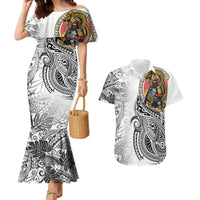 Japanese Samurai Warrior Couples Matching Mermaid Dress and Hawaiian Shirt White Polynesian Tattoo Style