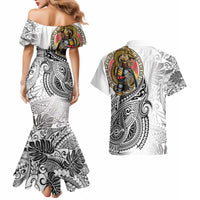 Japanese Samurai Warrior Couples Matching Mermaid Dress and Hawaiian Shirt White Polynesian Tattoo Style