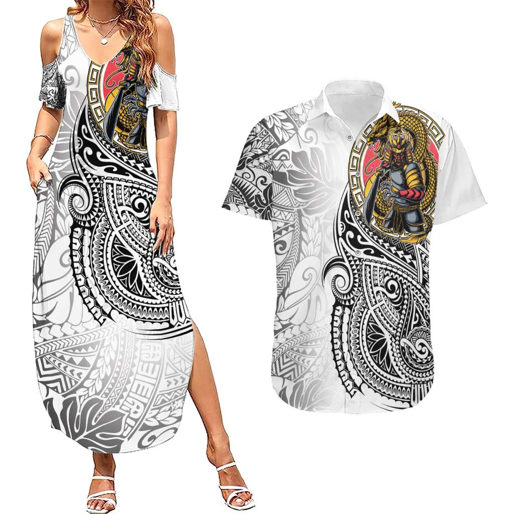 Japanese Samurai Warrior Couples Matching Summer Maxi Dress and Hawaiian Shirt White Polynesian Tattoo Style