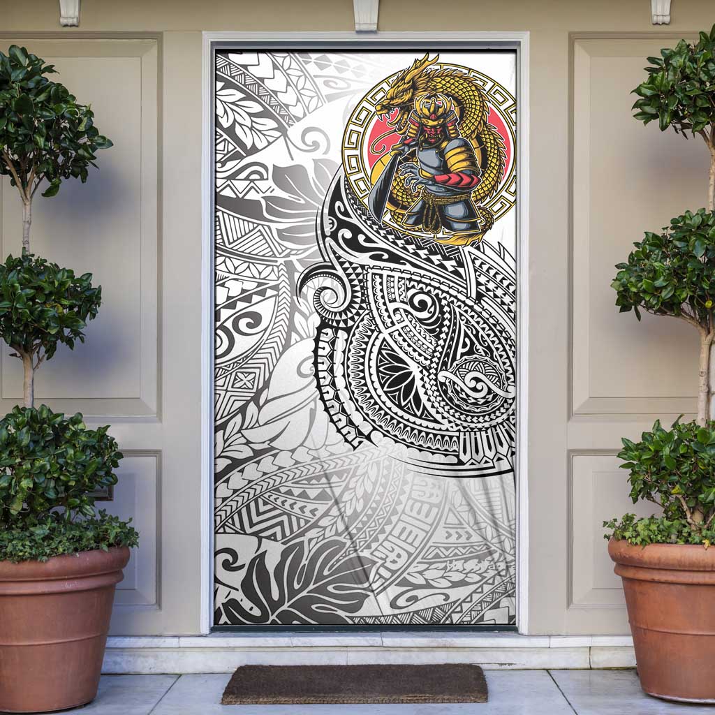 Japanese Samurai Warrior Door Cover White Polynesian Tattoo Style - Polynesian Pride
