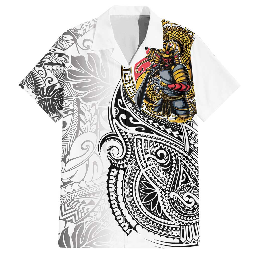 Japanese Samurai Warrior Family Matching Long Sleeve Bodycon Dress and Hawaiian Shirt White Polynesian Tattoo Style