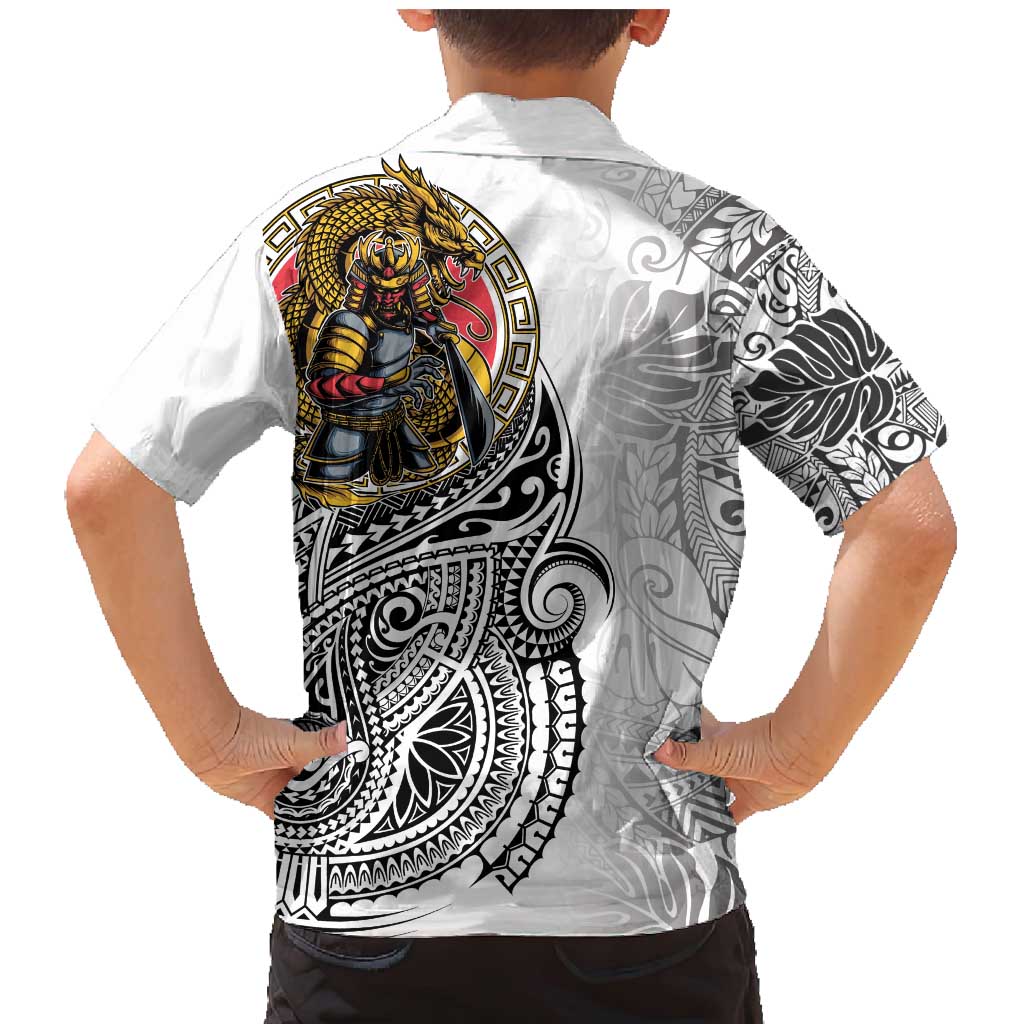 Japanese Samurai Warrior Family Matching Mermaid Dress and Hawaiian Shirt White Polynesian Tattoo Style