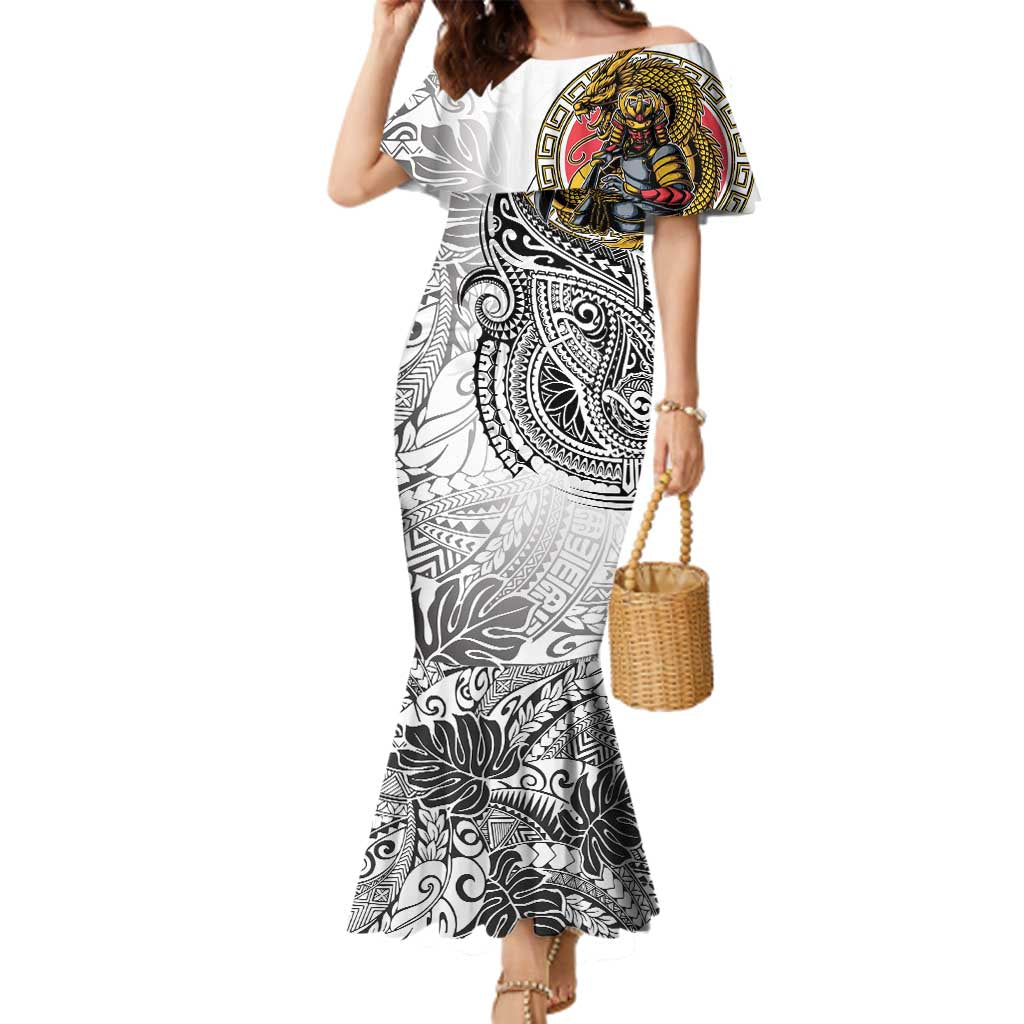 Japanese Samurai Warrior Family Matching Mermaid Dress and Hawaiian Shirt White Polynesian Tattoo Style