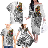 Japanese Samurai Warrior Family Matching Off The Shoulder Long Sleeve Dress and Hawaiian Shirt White Polynesian Tattoo Style