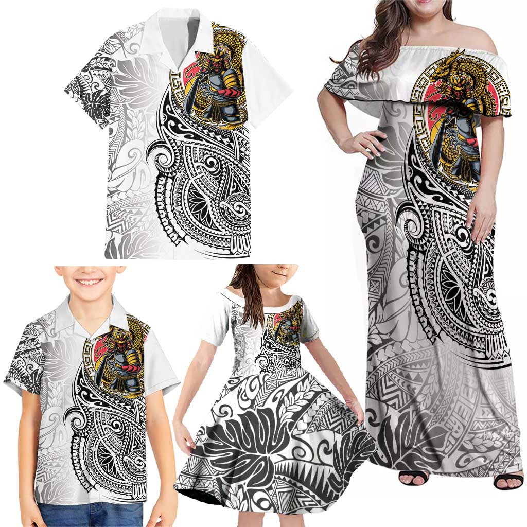 Japanese Samurai Warrior Family Matching Off Shoulder Maxi Dress and Hawaiian Shirt White Polynesian Tattoo Style