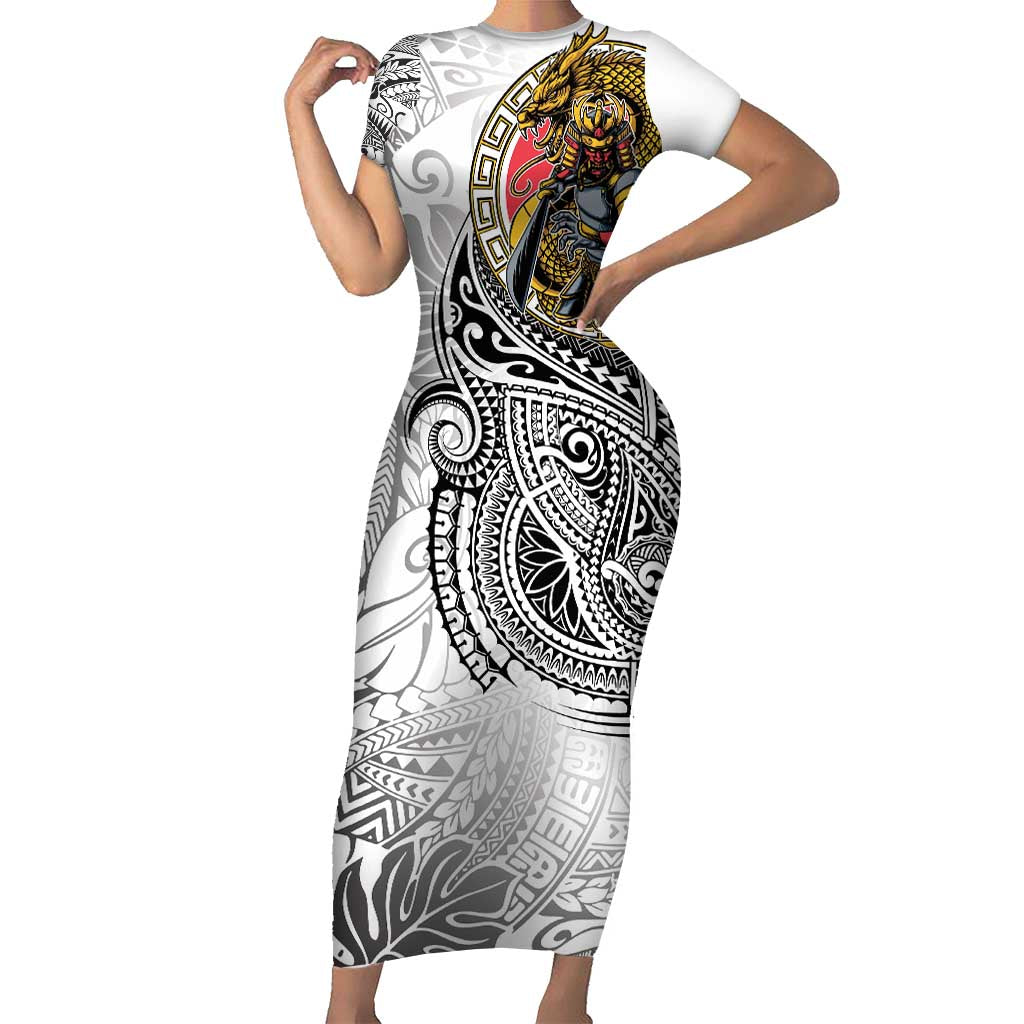 Japanese Samurai Warrior Family Matching Short Sleeve Bodycon Dress and Hawaiian Shirt White Polynesian Tattoo Style