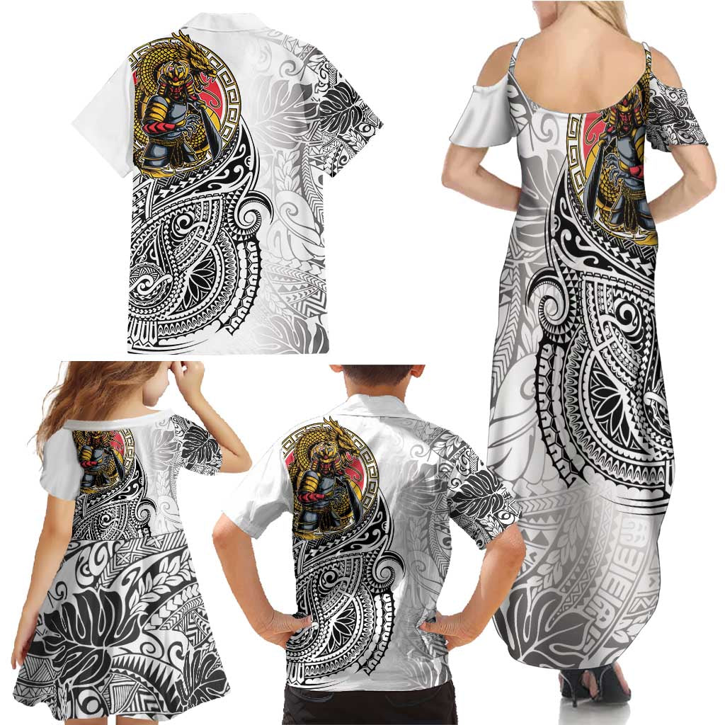 Japanese Samurai Warrior Family Matching Summer Maxi Dress and Hawaiian Shirt White Polynesian Tattoo Style