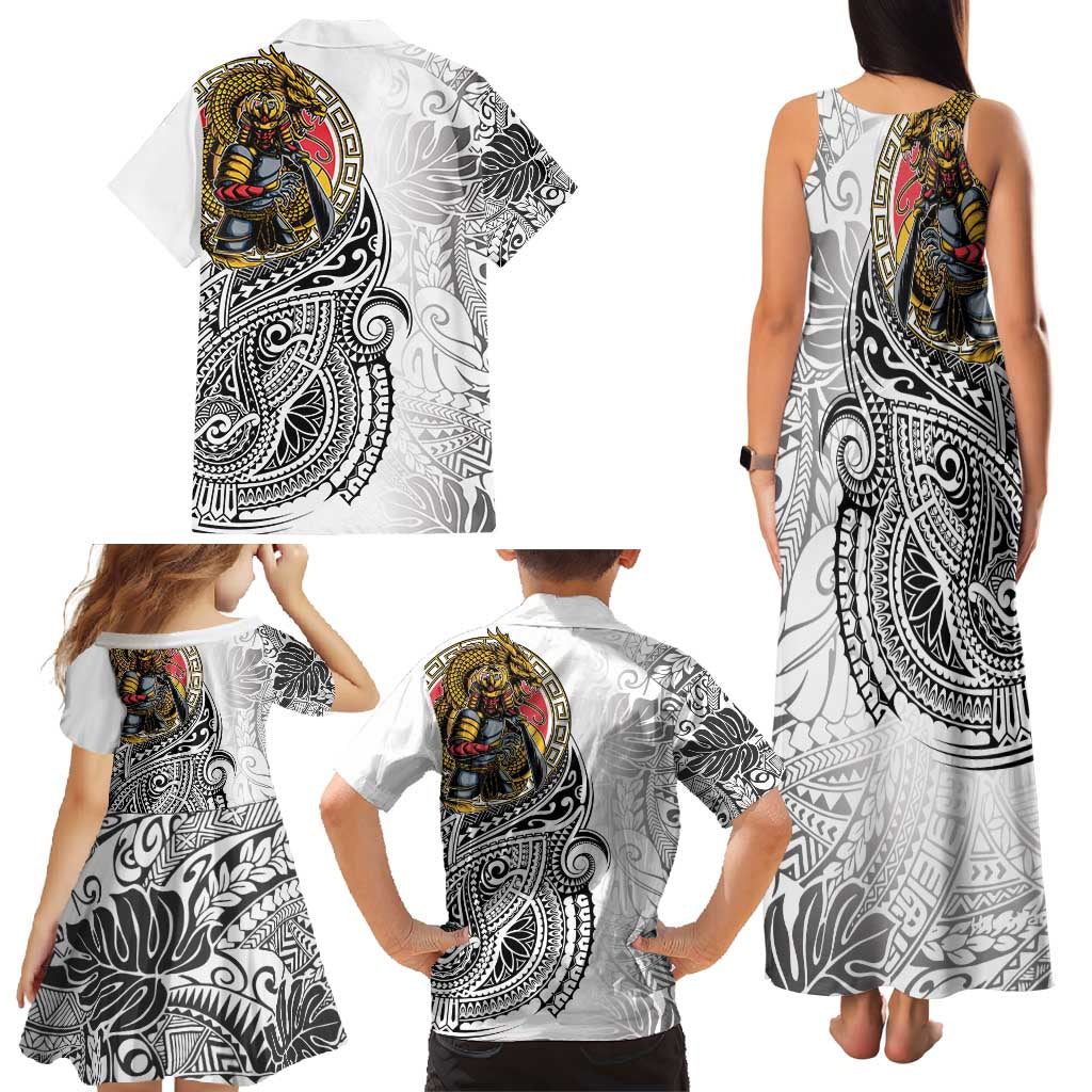 Japanese Samurai Warrior Family Matching Tank Maxi Dress and Hawaiian Shirt White Polynesian Tattoo Style