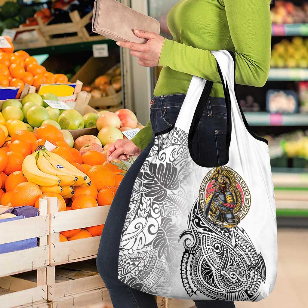 Japanese Samurai Warrior Grocery Bag White Polynesian Tattoo Style
