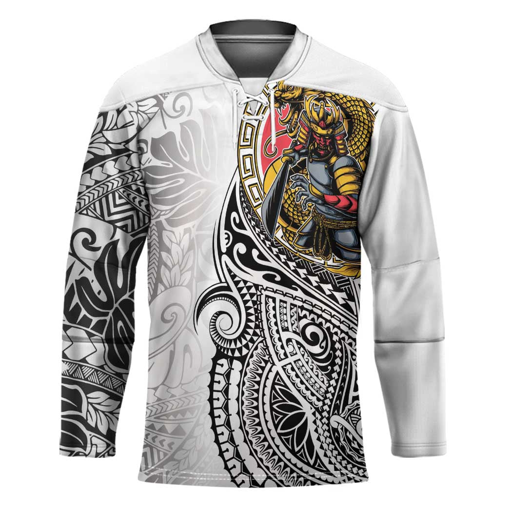 Japanese Samurai Warrior Hockey Jersey White Polynesian Tattoo Style - Polynesian Pride