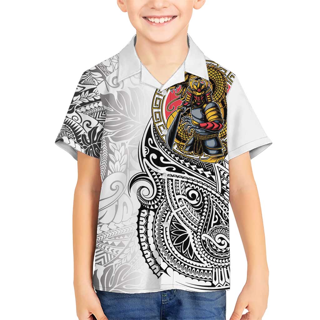 Japanese Samurai Warrior Kid Hawaiian Shirt White Polynesian Tattoo Style