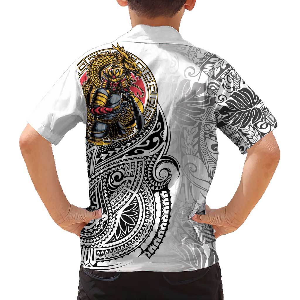 Japanese Samurai Warrior Kid Hawaiian Shirt White Polynesian Tattoo Style