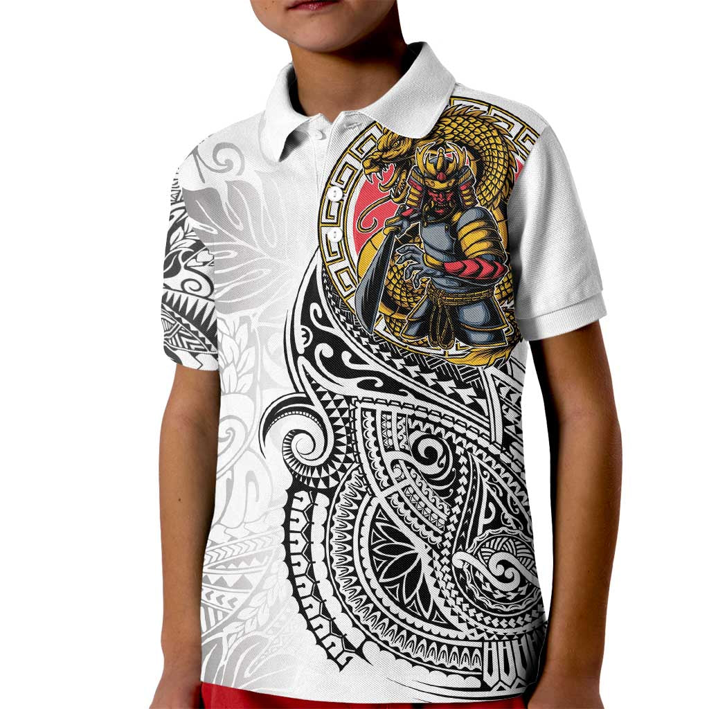 Japanese Samurai Warrior Kid Polo Shirt White Polynesian Tattoo Style
