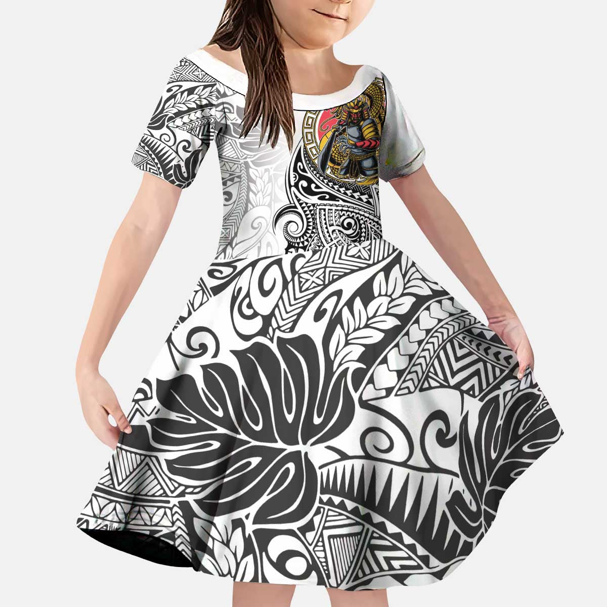 Japanese Samurai Warrior Kid Short Sleeve Dress White Polynesian Tattoo Style