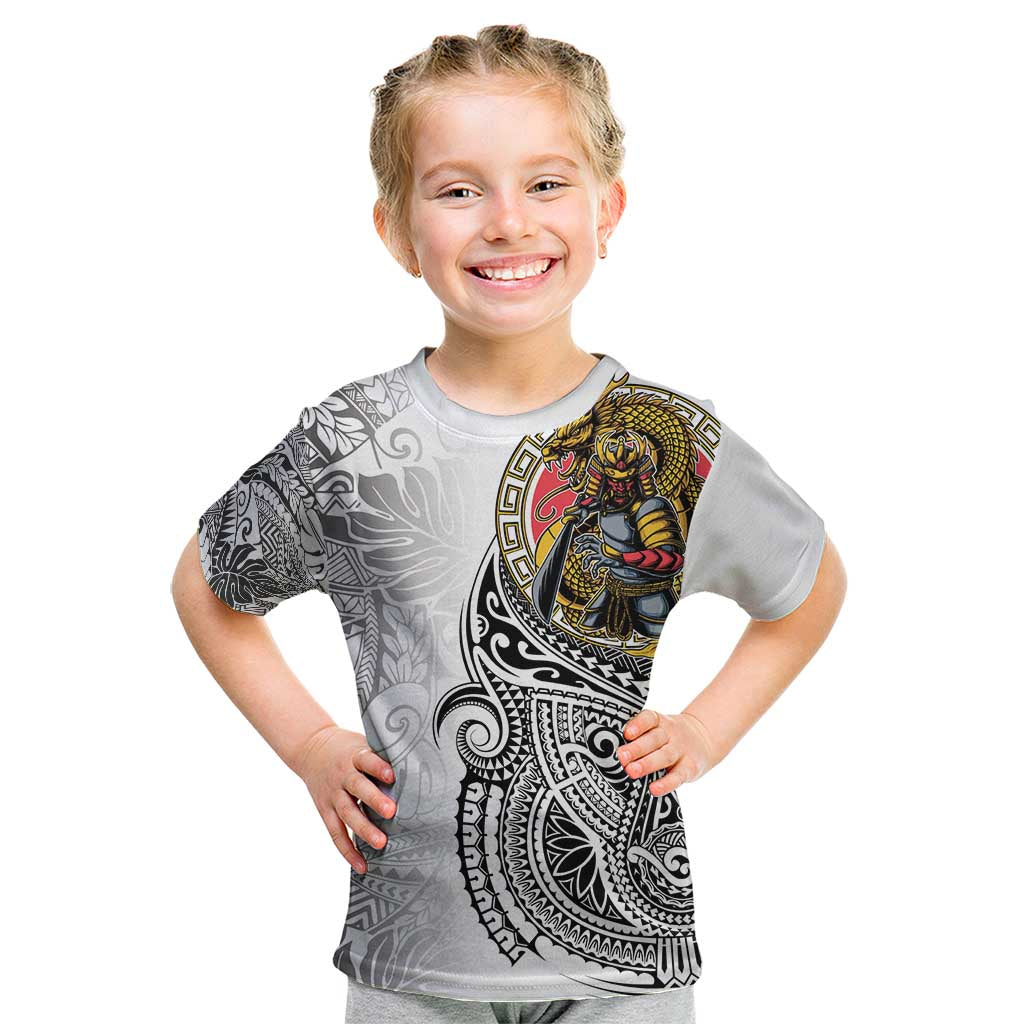 Japanese Samurai Warrior Kid T Shirt White Polynesian Tattoo Style LT9 White - Polynesian Pride