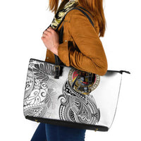 Japanese Samurai Warrior Leather Tote Bag White Polynesian Tattoo Style