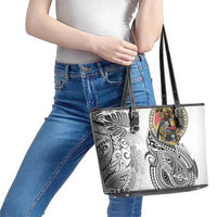 Japanese Samurai Warrior Leather Tote Bag White Polynesian Tattoo Style