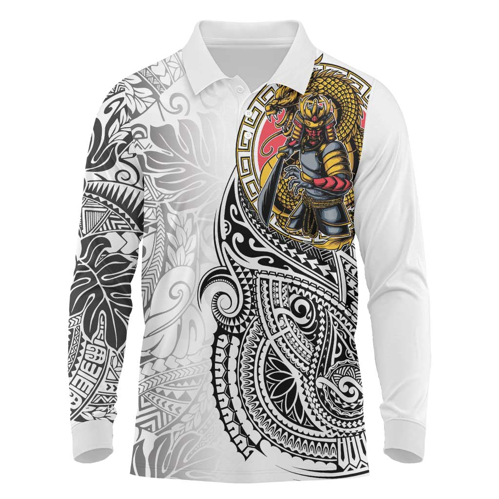 Japanese Samurai Warrior Long Sleeve Polo Shirt White Polynesian Tattoo Style LT9 White - Polynesian Pride