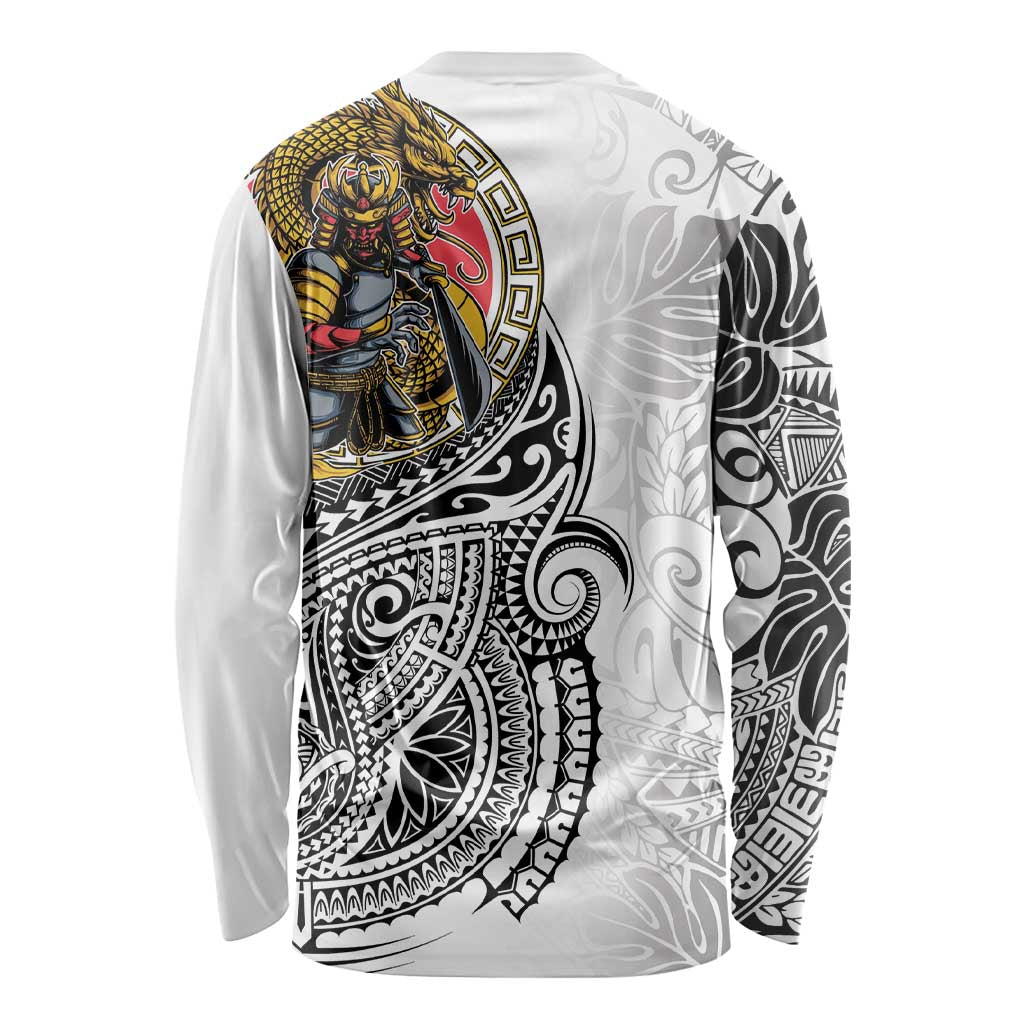 Japanese Samurai Warrior Long Sleeve Shirt White Polynesian Tattoo Style LT9 - Polynesian Pride