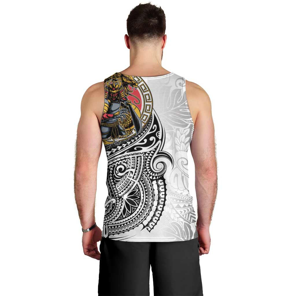 Japanese Samurai Warrior Men Tank Top White Polynesian Tattoo Style