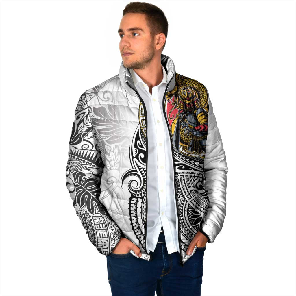 Japanese Samurai Warrior Padded Jacket White Polynesian Tattoo Style - Polynesian Pride