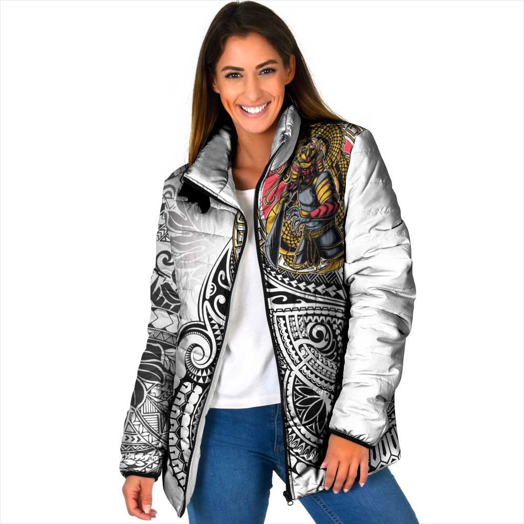 Japanese Samurai Warrior Padded Jacket White Polynesian Tattoo Style - Polynesian Pride