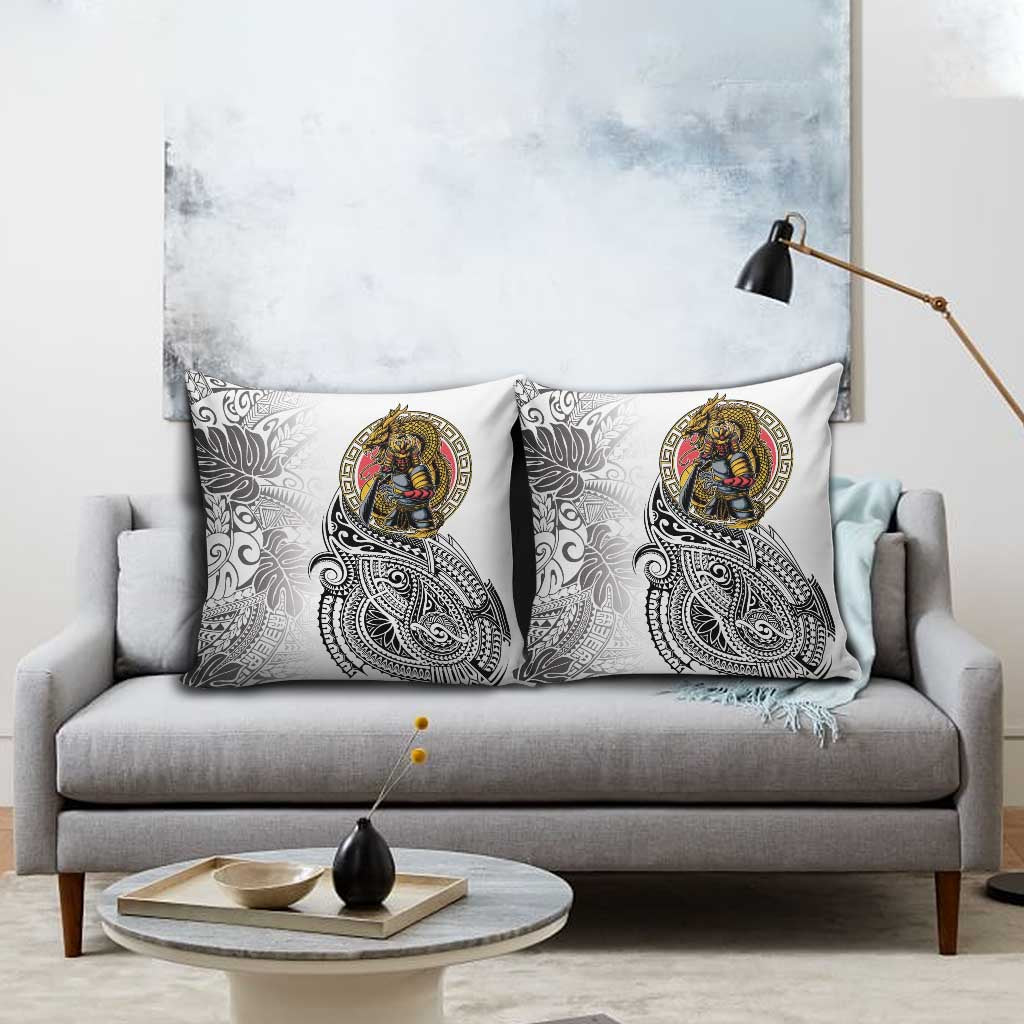 Japanese Samurai Warrior Pillow Cover White Polynesian Tattoo Style LT9 - Polynesian Pride