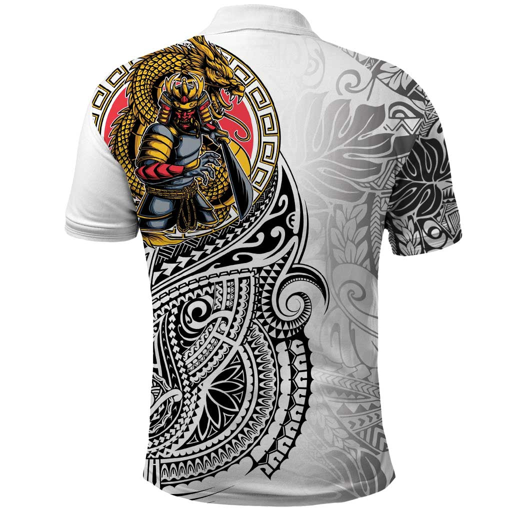Japanese Samurai Warrior Polo Shirt White Polynesian Tattoo Style