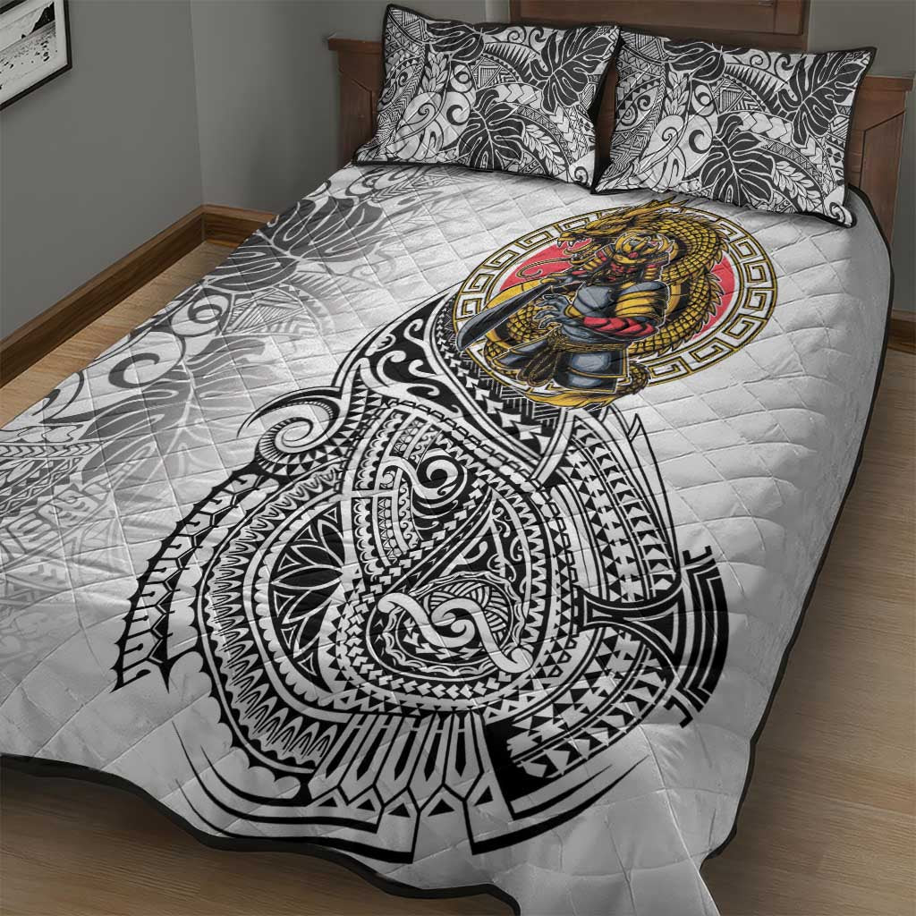 Japanese Samurai Warrior Quilt Bed Set White Polynesian Tattoo Style