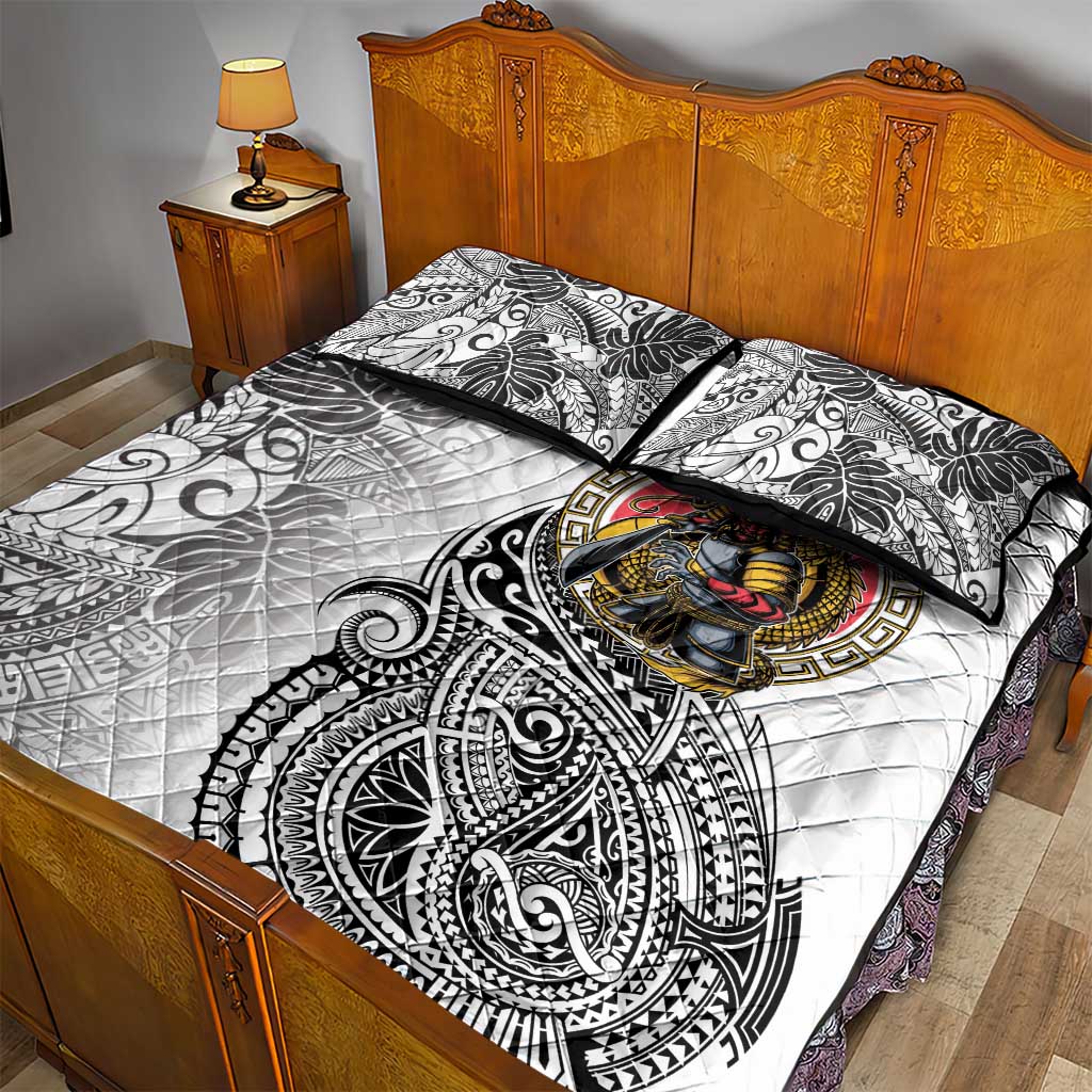Japanese Samurai Warrior Quilt Bed Set White Polynesian Tattoo Style