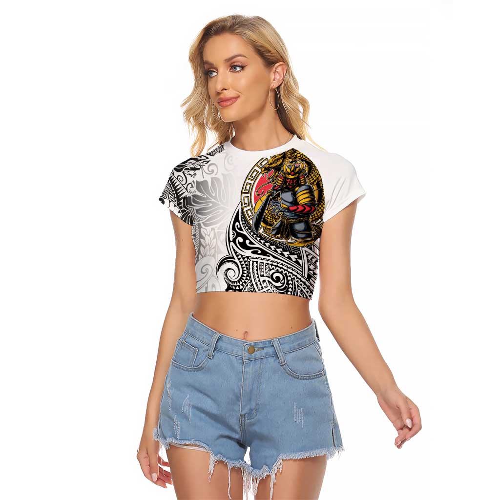 Japanese Samurai Warrior Raglan Cropped T Shirt White Polynesian Tattoo Style LT9 Female White - Polynesian Pride