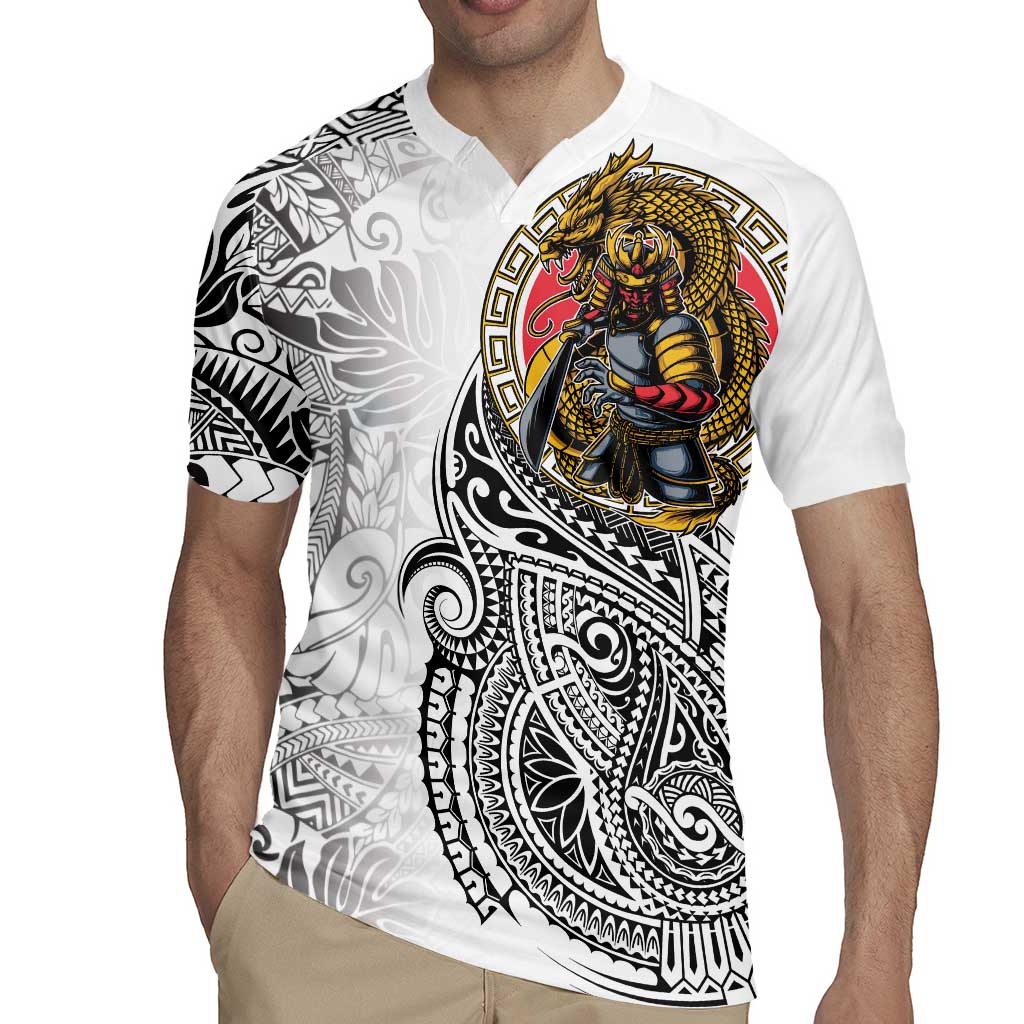 Japanese Samurai Warrior Rugby Jersey White Polynesian Tattoo Style