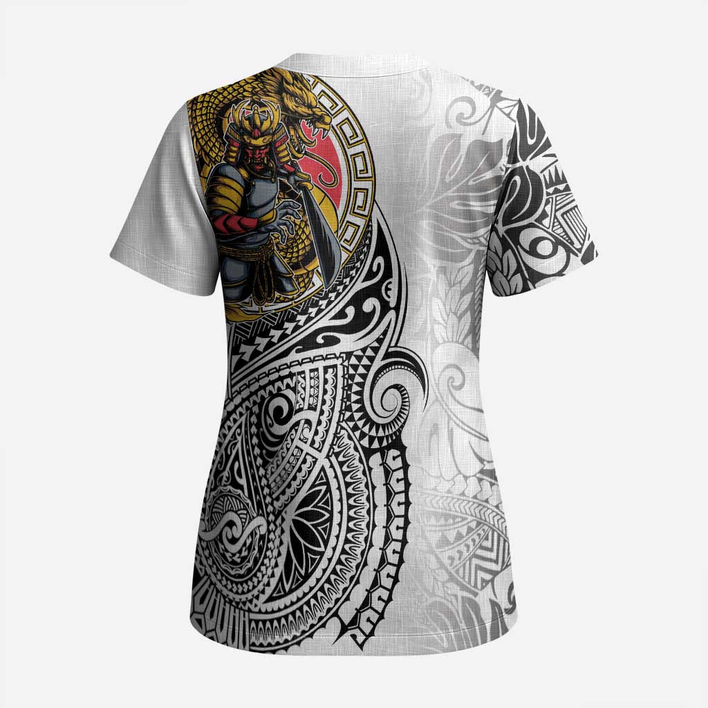 Japanese Samurai Warrior Scrub Top White Polynesian Tattoo Style - Polynesian Pride