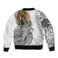 Japanese Samurai Warrior Sleeve Zip Bomber Jacket White Polynesian Tattoo Style LT9 - Polynesian Pride