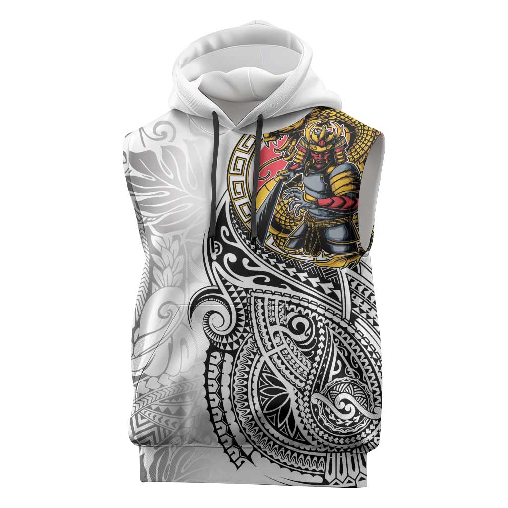 Japanese Samurai Warrior Sleeveless Hoodie White Polynesian Tattoo Style - Polynesian Pride