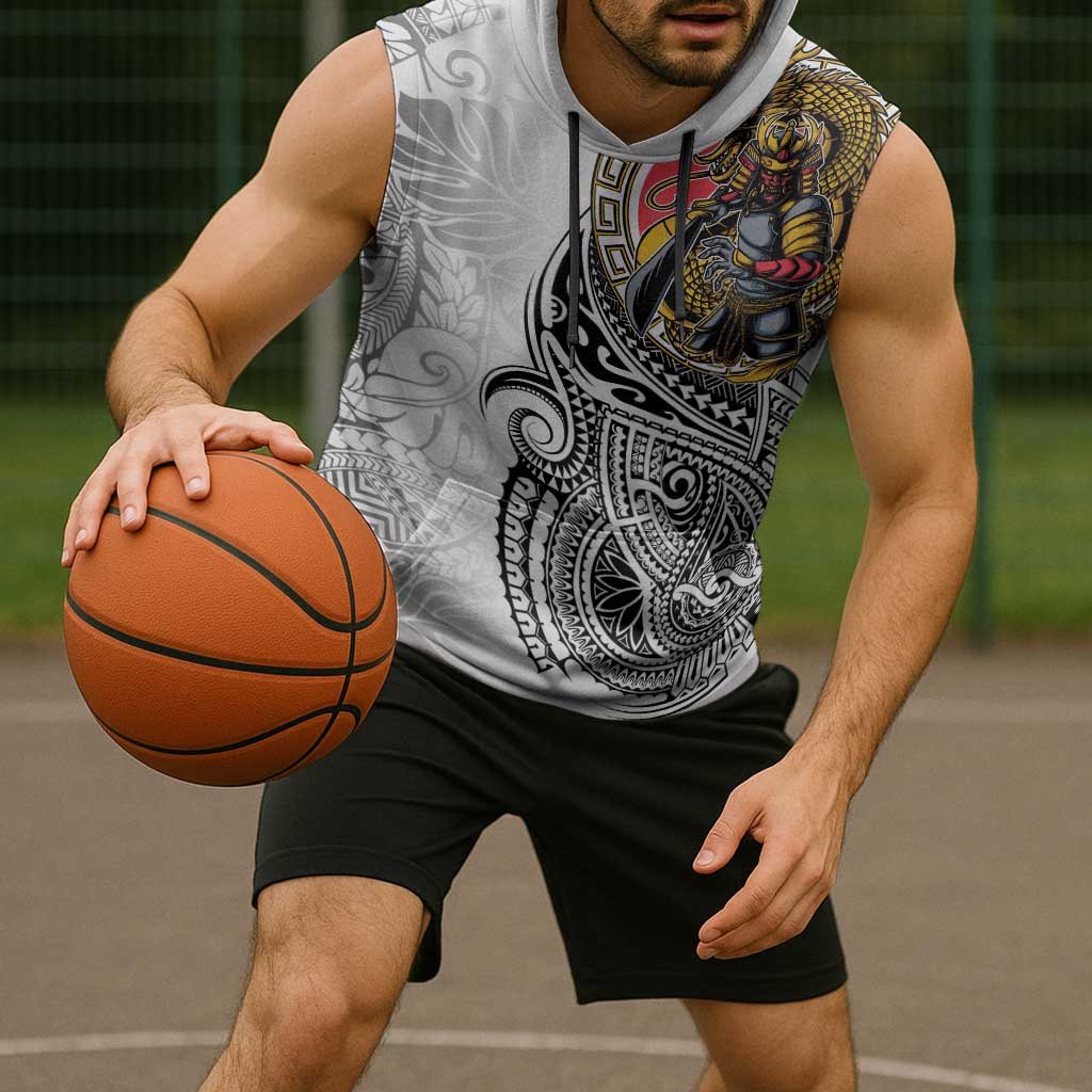 Japanese Samurai Warrior Sleeveless Hoodie White Polynesian Tattoo Style - Polynesian Pride