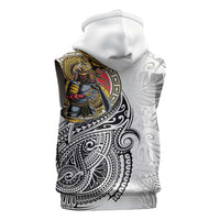 Japanese Samurai Warrior Sleeveless Zip Hoodie White Polynesian Tattoo Style - Polynesian Pride