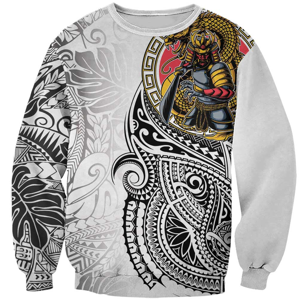 Japanese Samurai Warrior Sweatshirt White Polynesian Tattoo Style