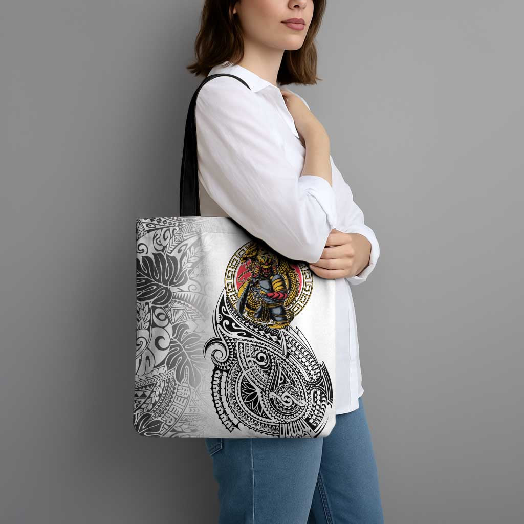 Japanese Samurai Warrior Tote Bag White Polynesian Tattoo Style - Polynesian Pride