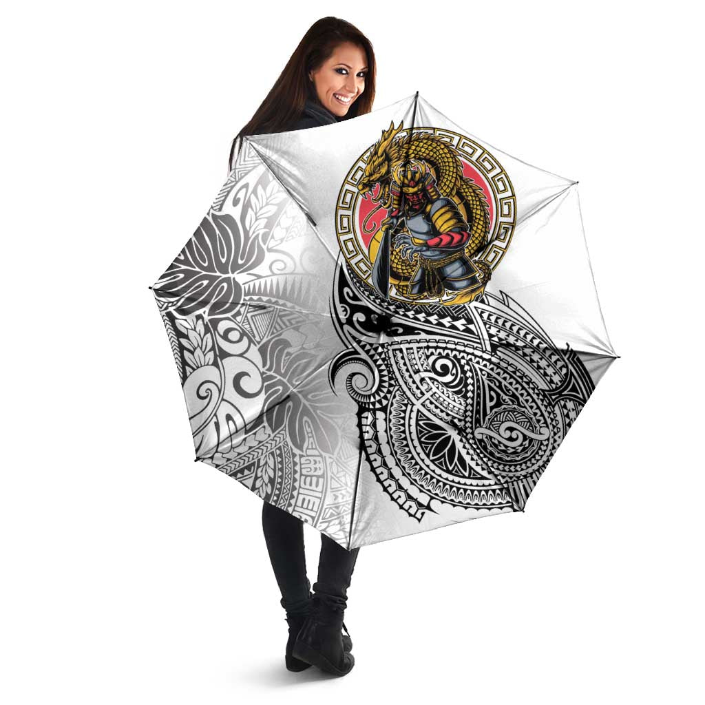 Japanese Samurai Warrior Umbrella White Polynesian Tattoo Style - Polynesian Pride