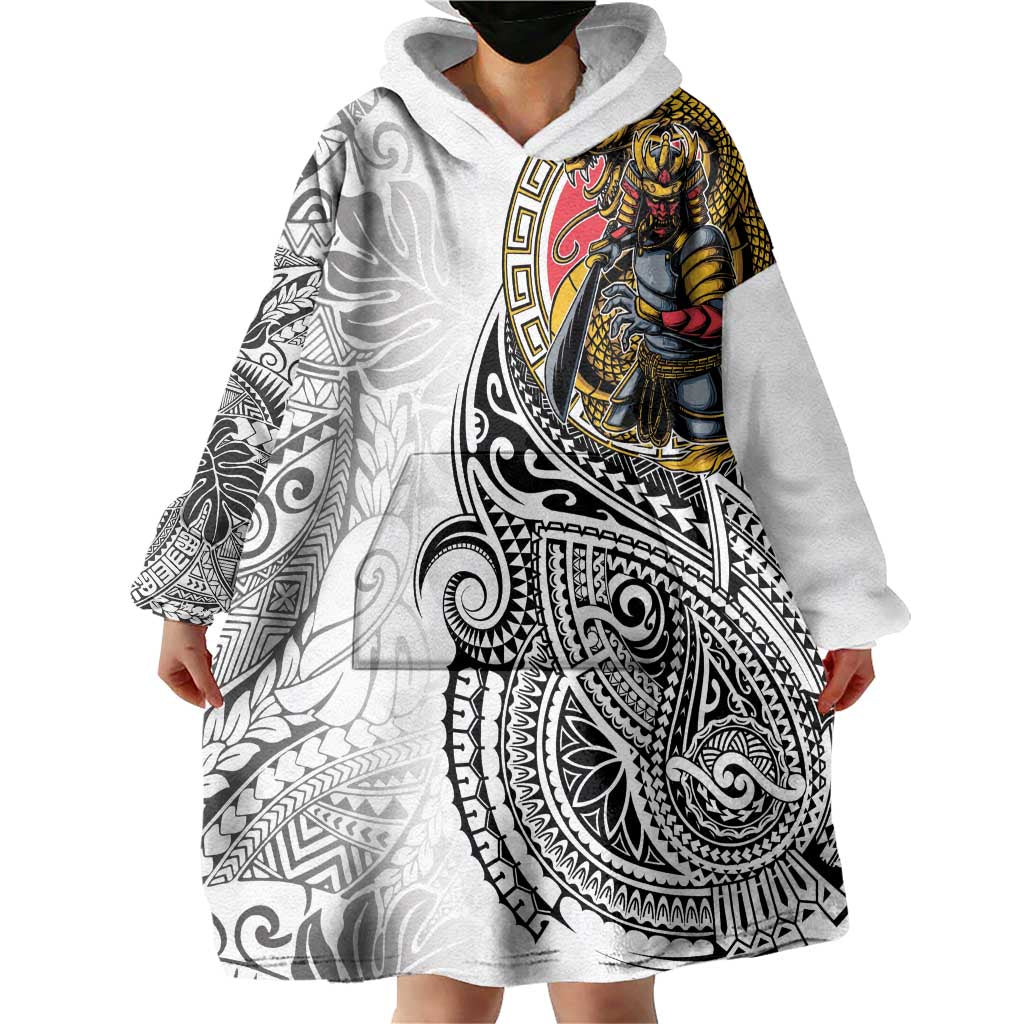 Japanese Samurai Warrior Wearable Blanket Hoodie White Polynesian Tattoo Style