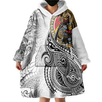 Japanese Samurai Warrior Wearable Blanket Hoodie White Polynesian Tattoo Style