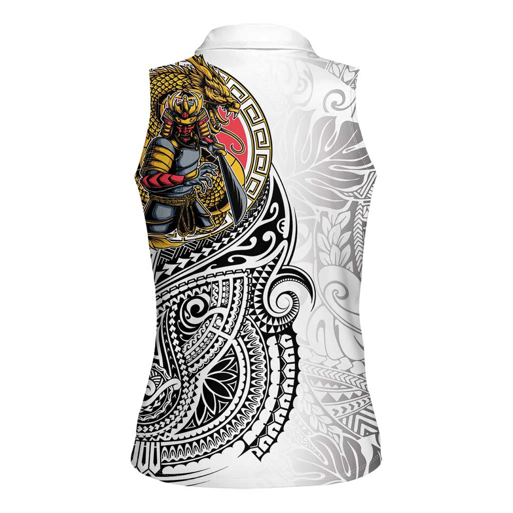 Japanese Samurai Warrior Women Sleeveless Polo Shirt White Polynesian Tattoo Style